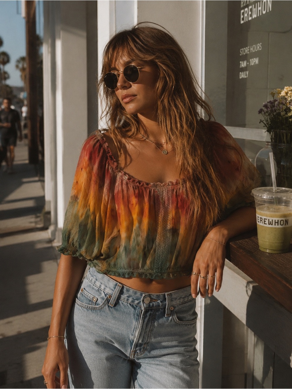 Boho Tie Dye Peasant Crop Top Rayon Festival Blouse L